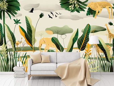 北歐現(xiàn)代手繪熱帶雨林植物動物背景墻壁畫